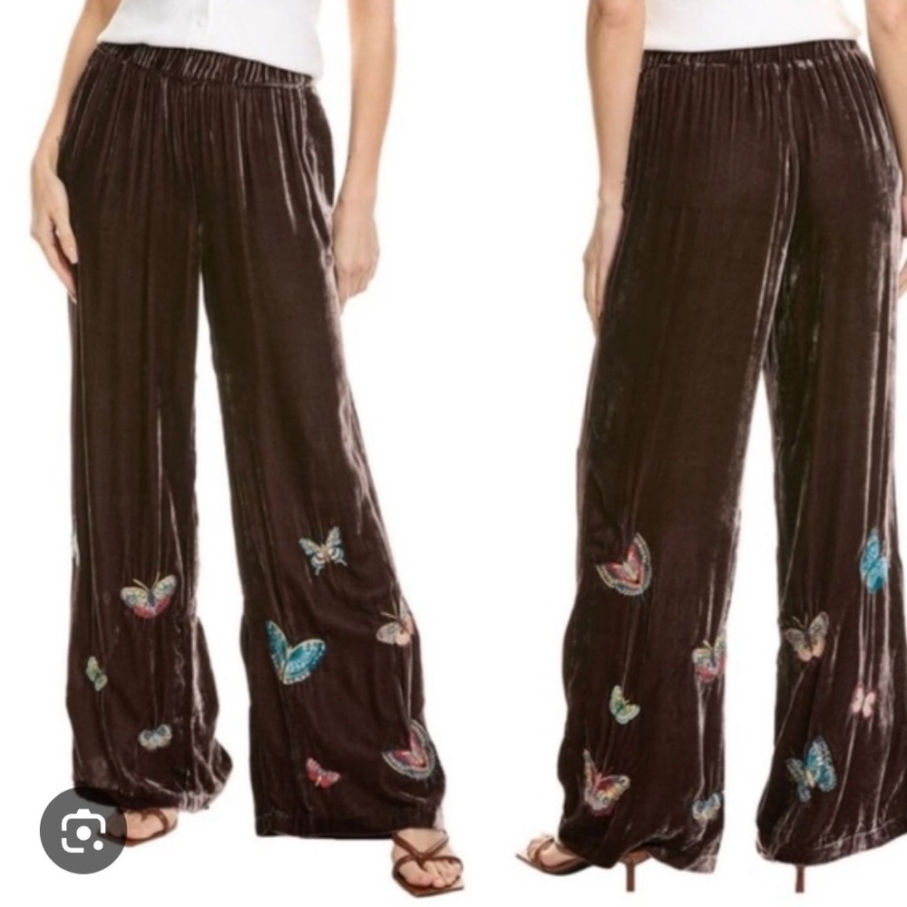 Johnny Was seamed Velvet Wide-Leg Pants with Butterfly Accents